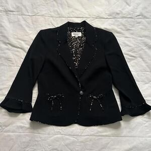 Y2K Black blazer with patterned lining, ruffled sleeves and bow detail Size 10